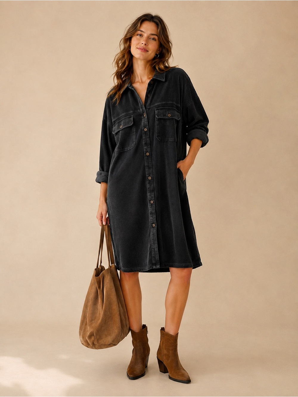 Anthropologie Pilcro Washed Black Corduroy Utility Shirt Dress XL 100% Cotton